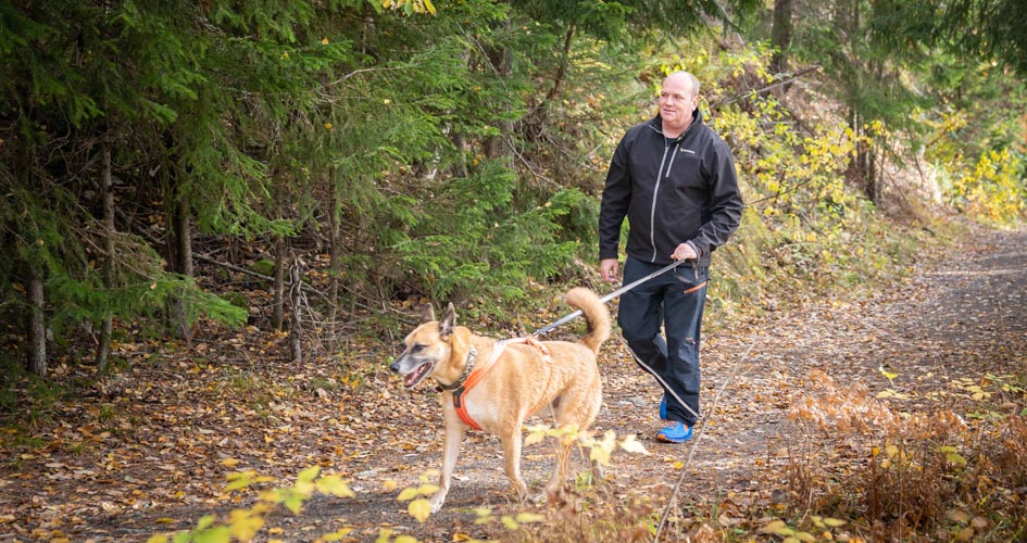 Andrew Banks går med hund